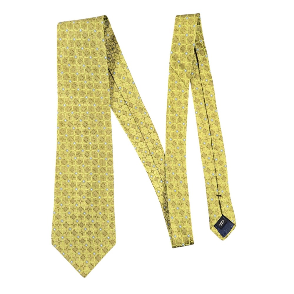 Jos. A. Bank Silk Necktie Mens Olive Green Gold Geometric Pattern Made in Italy
